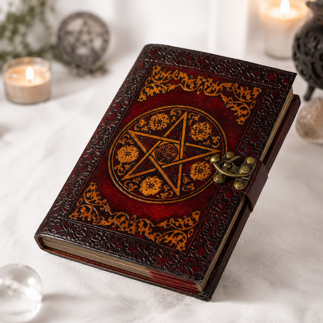 Celtic Pentagram Leather Journal – Vintage Handmade Wiccan Grimoire Deckle Pages – leather journal, back cover view