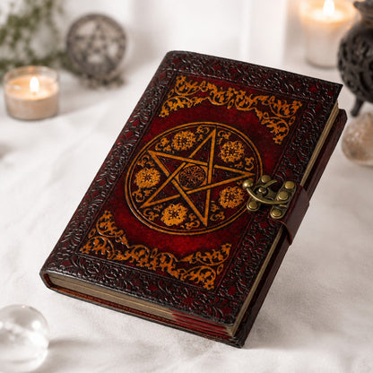 Celtic Pentagram Leather Journal – Vintage Handmade Wiccan Grimoire Deckle Pages – leather journal, back cover view