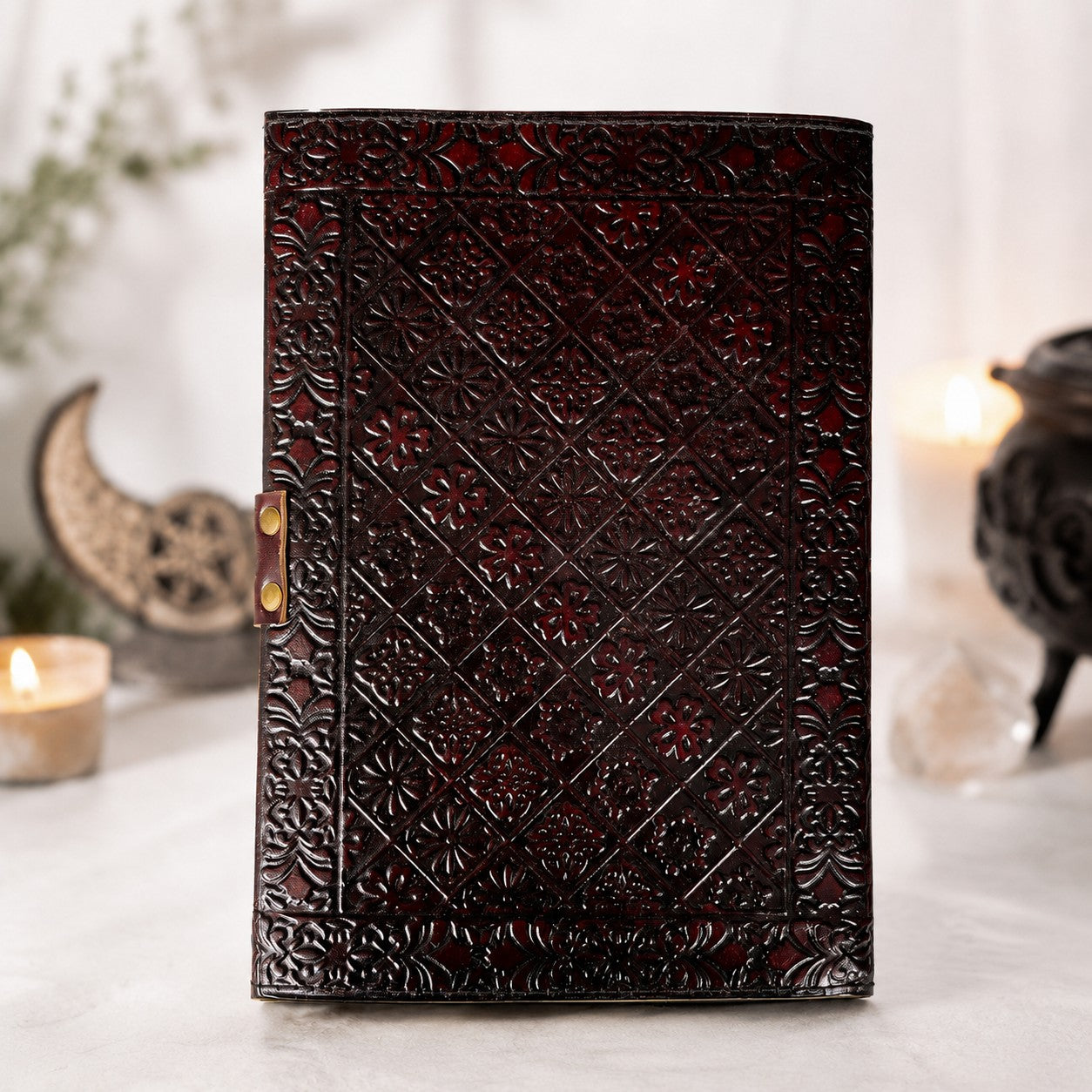 Celtic Pentagram Leather Journal – Vintage Handmade Wiccan Grimoire Deckle Pages – leather journal, open blank pages view