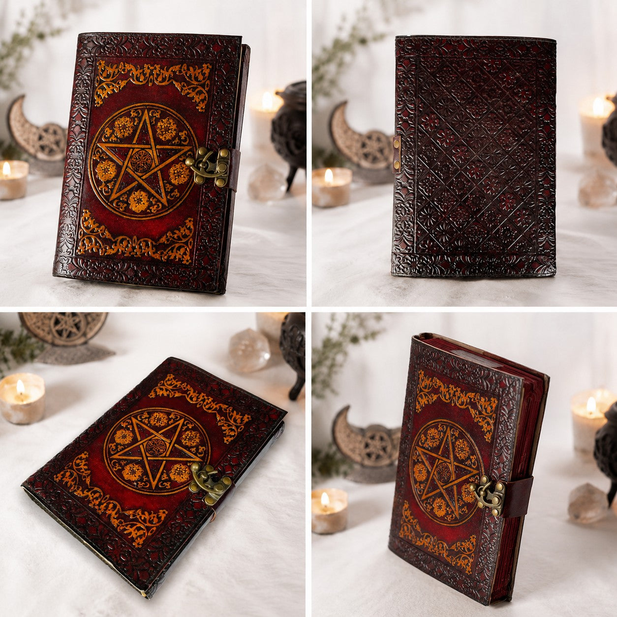 Celtic Pentagram Leather Journal – Vintage Handmade Wiccan Grimoire Deckle Pages – leather journal, close-up cover detail