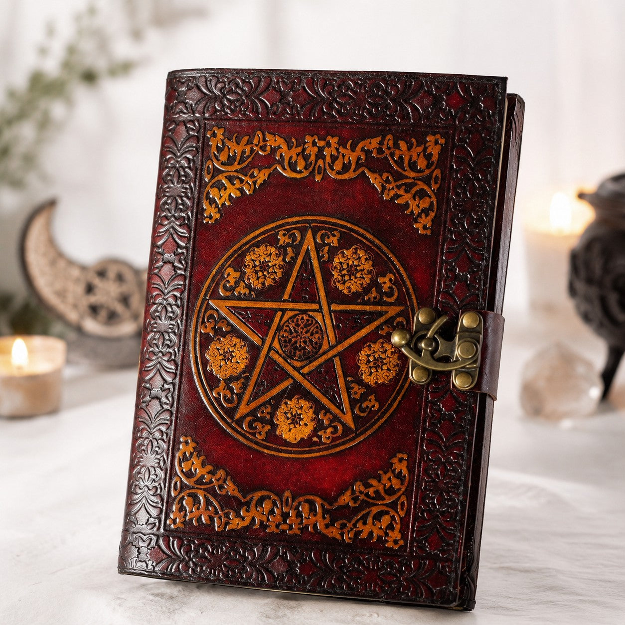 Celtic Pentagram Leather Journal – Vintage Handmade Wiccan Grimoire Deckle Pages – leather journal, front cover view
