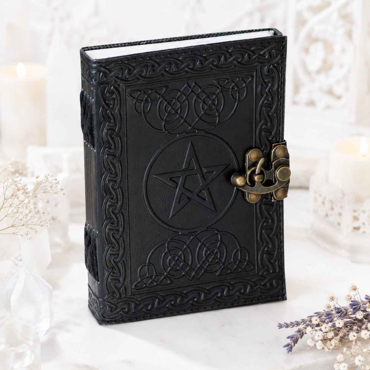 Celtic Pentagram Leather Journal with Brass Lock – Handmade Witch Grimoire – leather journal, back cover view