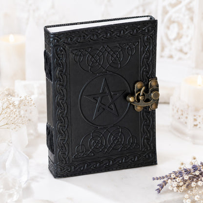 Celtic Pentagram Leather Journal with Brass Lock – Handmade Witch Grimoire – leather journal, back cover view