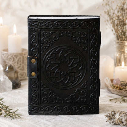 Celtic Pentagram Leather Journal with Brass Lock – Handmade Witch Grimoire – leather journal, open blank pages view