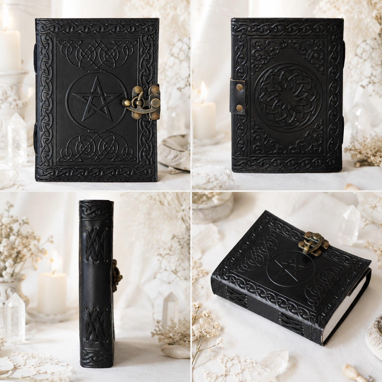 Celtic Pentagram Leather Journal with Brass Lock – Handmade Witch Grimoire – leather journal, close-up cover detail