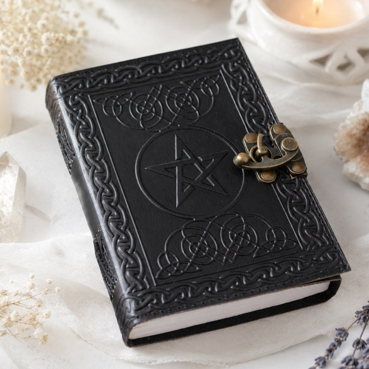 Celtic Pentagram Leather Journal with Brass Lock – Handmade Witch Grimoire – leather journal, front cover view