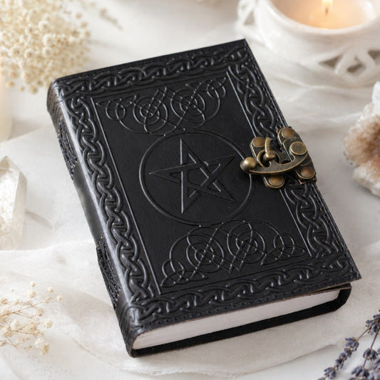 Celtic Pentagram Leather Journal with Brass Lock – Handmade Witch Grimoire – leather journal, front cover view