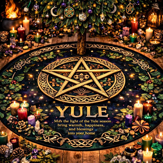 Dark velvet Yule tree skirt with a large golden Celtic pentagram, surrounded by candles and pinecones.