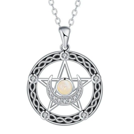 Celtic Pentagram Moon Celtic Knot Witchcraft Necklace with Opal Stone Wiccan Jewelry-MoonChildWorld