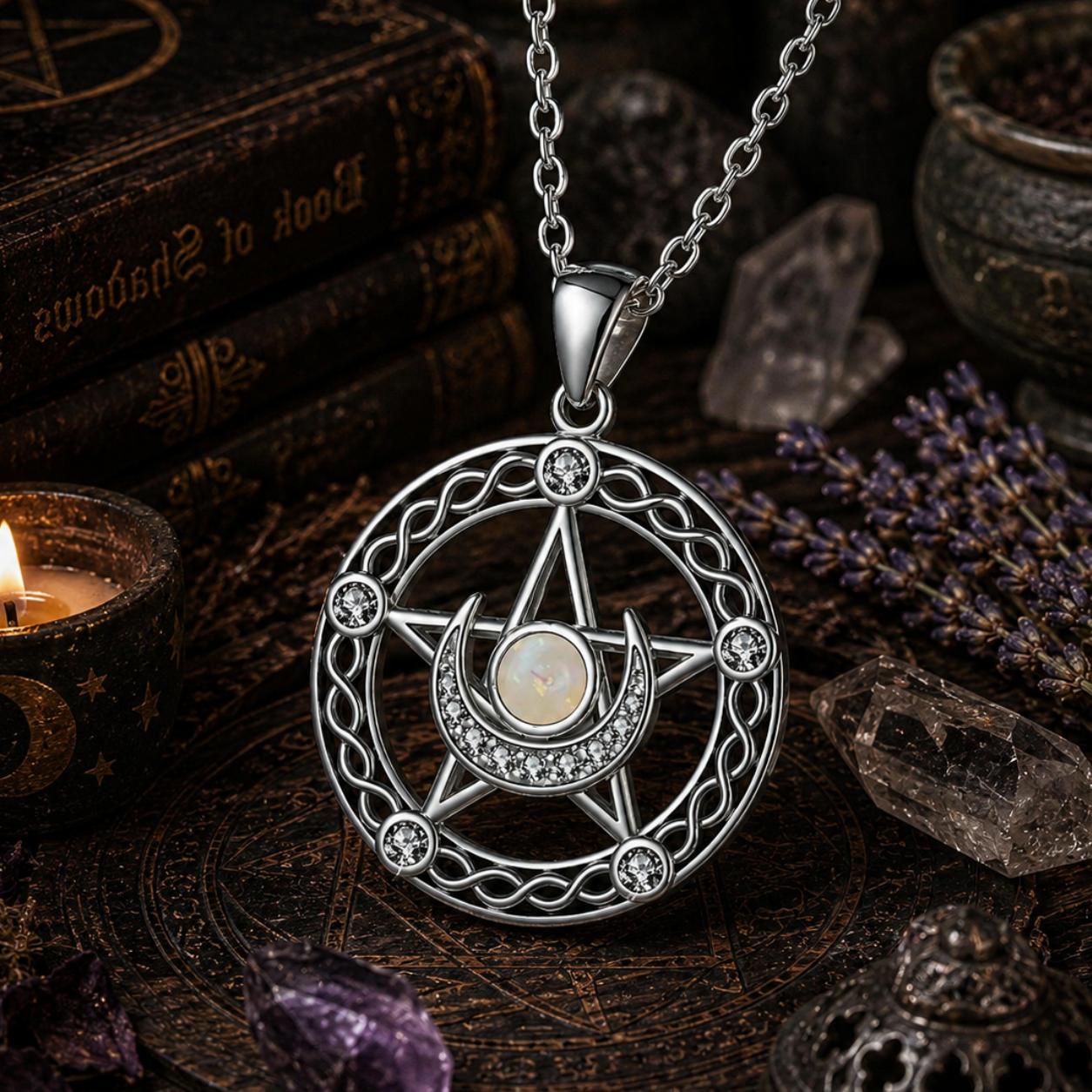Celtic Pentagram Moon Celtic Knot Witchcraft Necklace with Opal Stone Wiccan Jewelry-MoonChildWorld