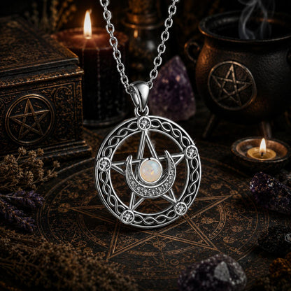 Celtic Pentagram Moon Celtic Knot Witchcraft Necklace with Opal Stone Wiccan Jewelry-MoonChildWorld
