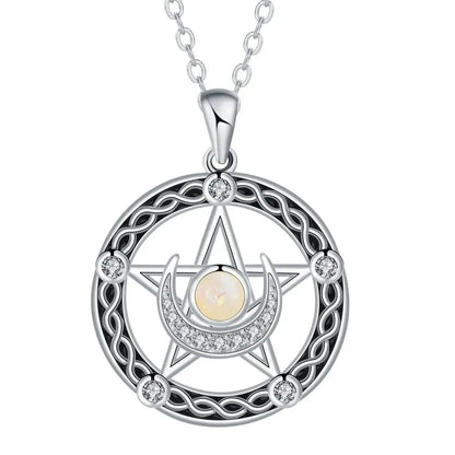 Celtic Pentagram Moon Celtic Knot Witchcraft Necklace with Opal Stone Wiccan Jewelry-MoonChildWorld