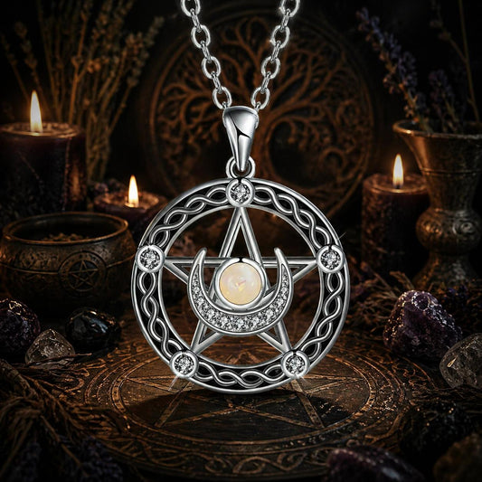 Celtic Pentagram Moon Celtic Knot Witchcraft Necklace with Opal Stone Wiccan Jewelry-MoonChildWorld