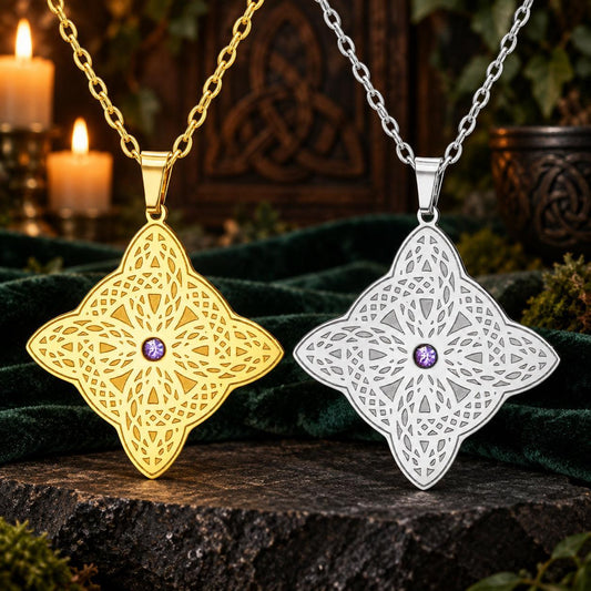 Celtic Shield Knot Necklace with Filigree Zircon Pendant — detailed jewelry view 1