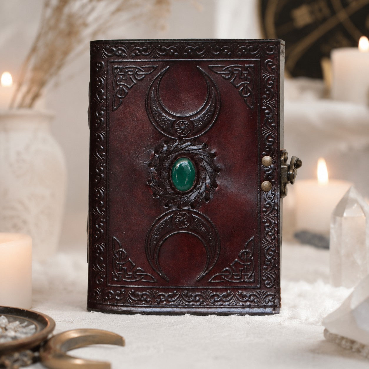 Celtic Stone Leather Journal – Handmade Pagan Grimoire Unlined Pages with Lock – leather journal, back cover view