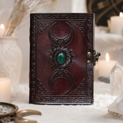 Celtic Stone Leather Journal – Handmade Pagan Grimoire Unlined Pages with Lock – leather journal, back cover view