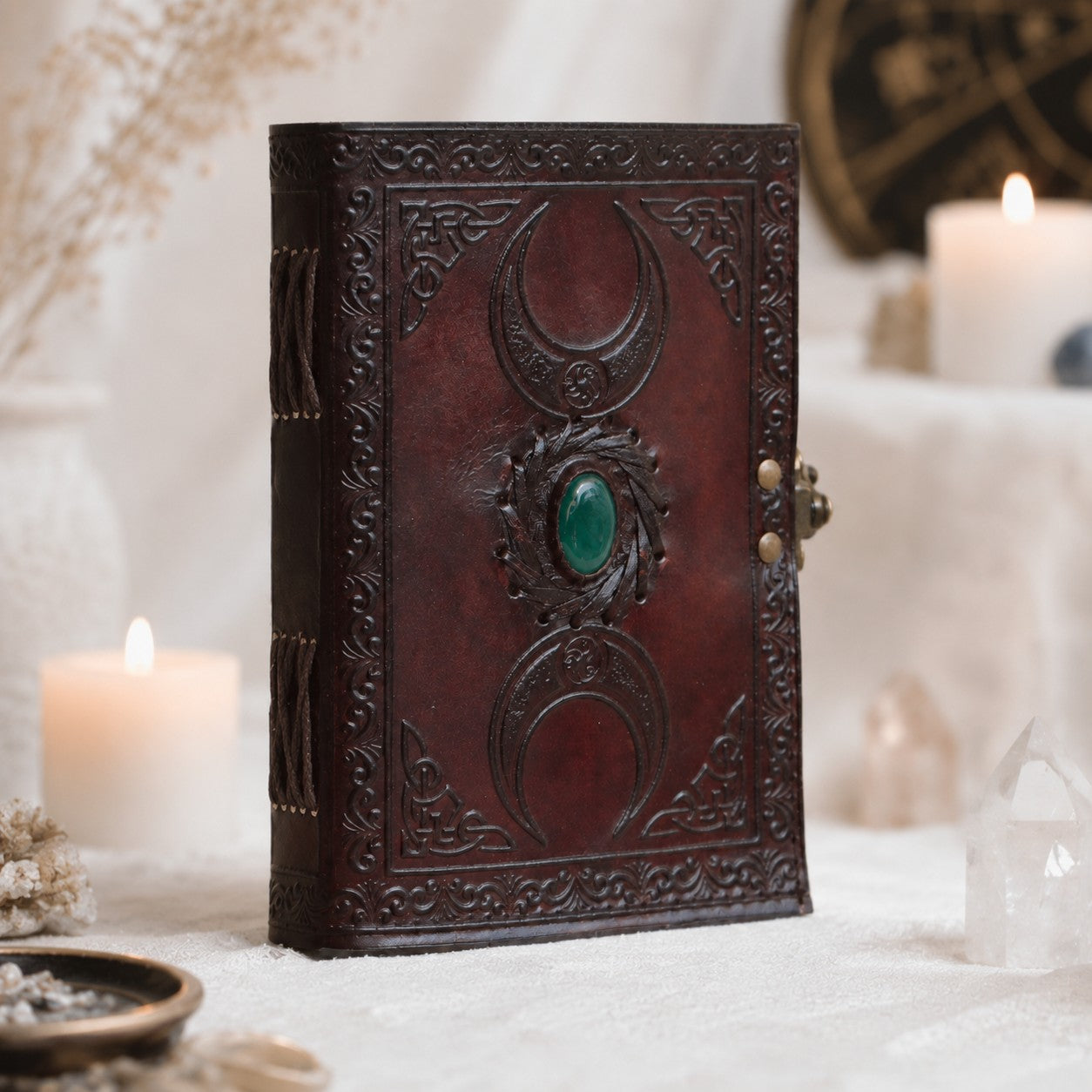 Celtic Stone Leather Journal – Handmade Pagan Grimoire Unlined Pages with Lock – leather journal, open blank pages view