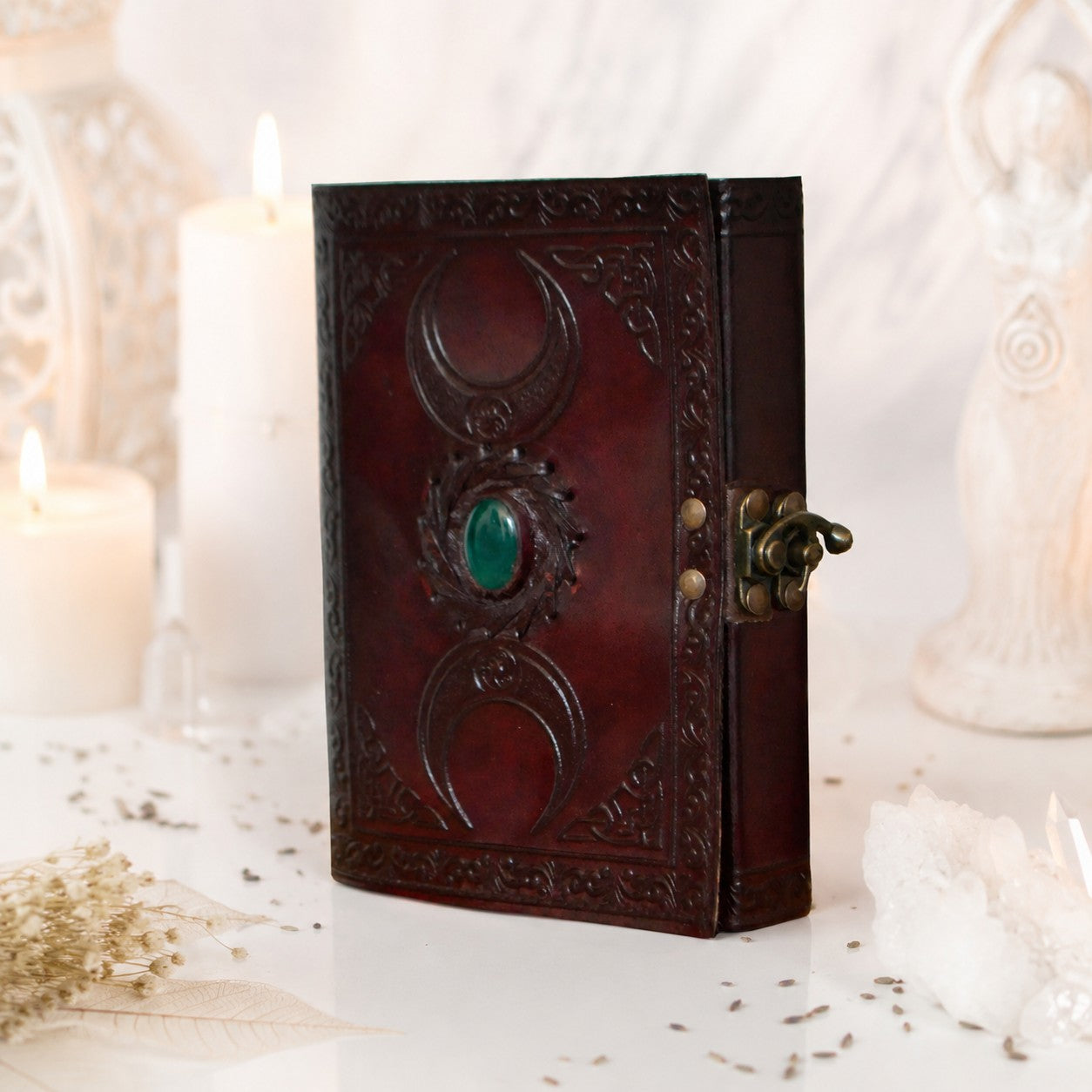 Celtic Stone Leather Journal – Handmade Pagan Grimoire Unlined Pages with Lock – leather journal, close-up cover detail