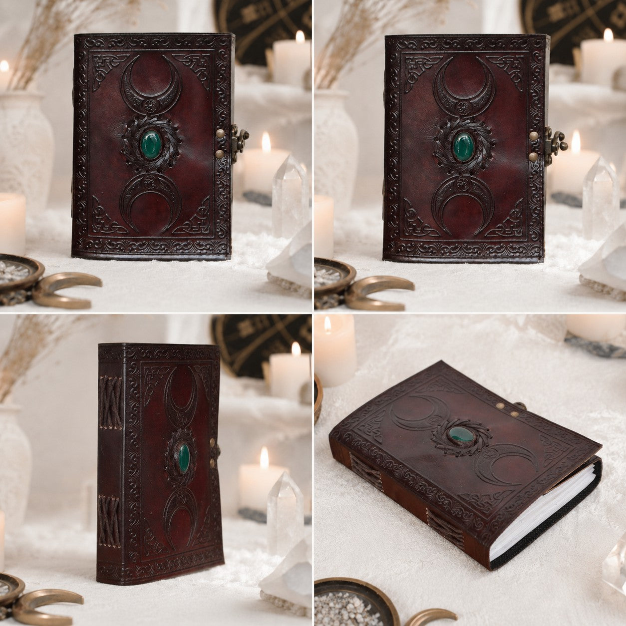Celtic Stone Leather Journal – Handmade Pagan Grimoire Unlined Pages with Lock – leather journal, size and scale view