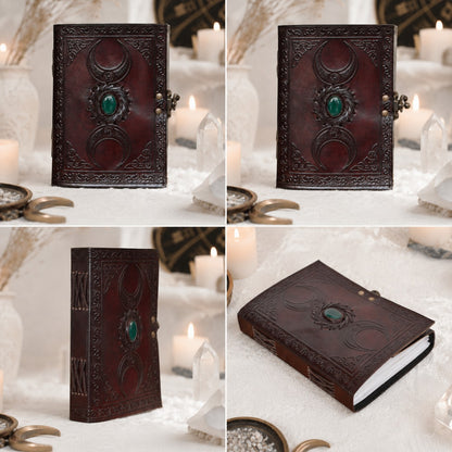 Celtic Stone Leather Journal – Handmade Pagan Grimoire Unlined Pages with Lock – leather journal, size and scale view