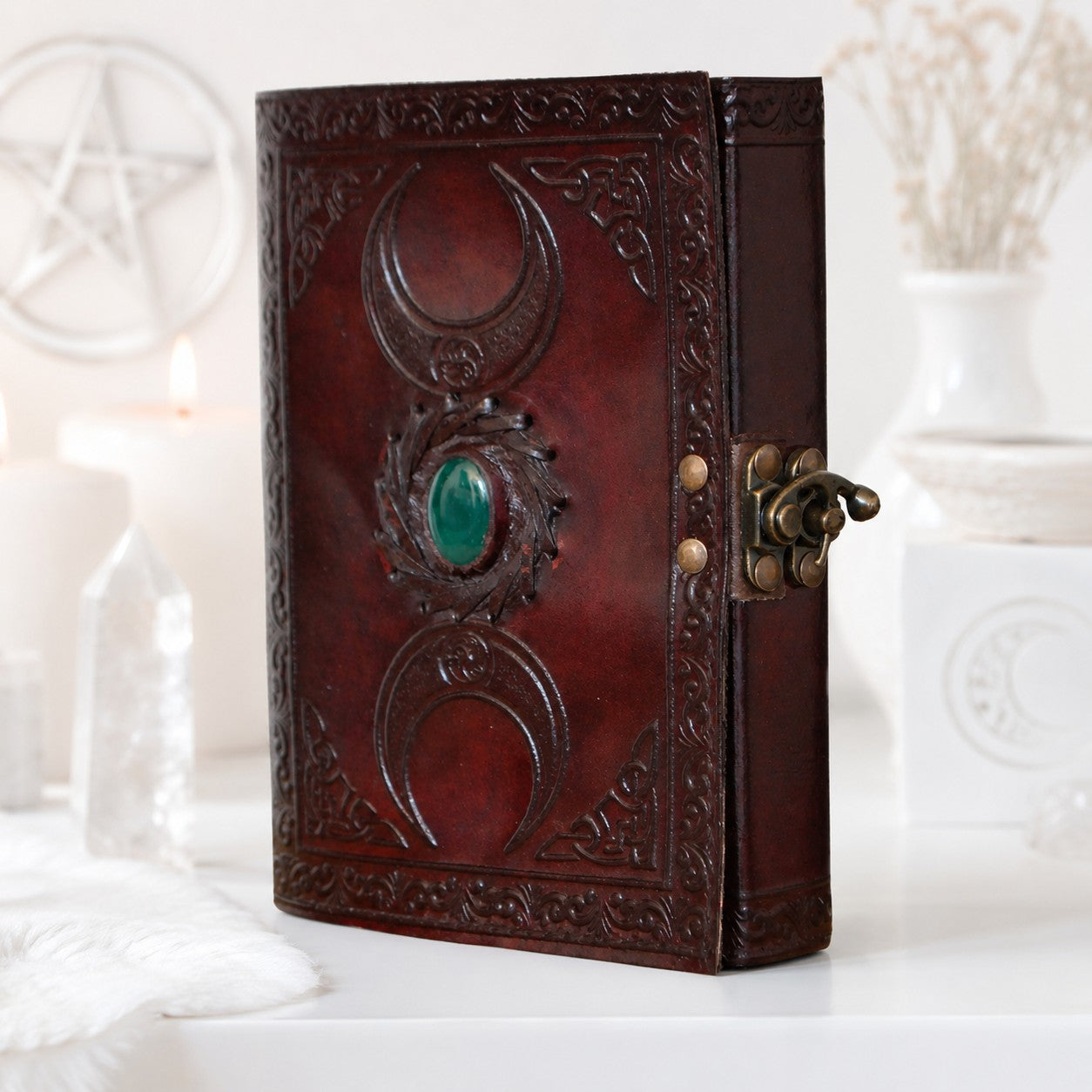 Celtic Stone Leather Journal – Handmade Pagan Grimoire Unlined Pages with Lock – leather journal, front cover view