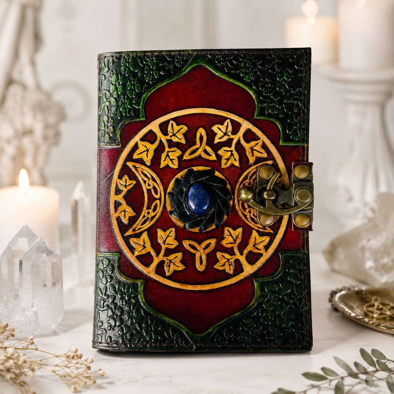 Celtic Stone Studded Leather Journal – Vintage Witch Grimoire with Lock – leather journal, back cover view
