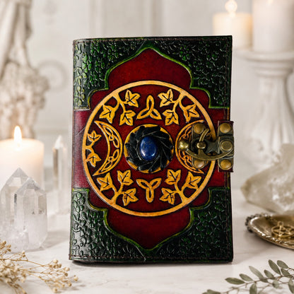 Celtic Stone Studded Leather Journal – Vintage Witch Grimoire with Lock – leather journal, back cover view