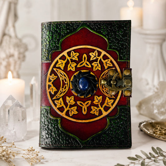 Celtic Stone Studded Leather Journal – Vintage Witch Grimoire with Lock – leather journal, back cover view