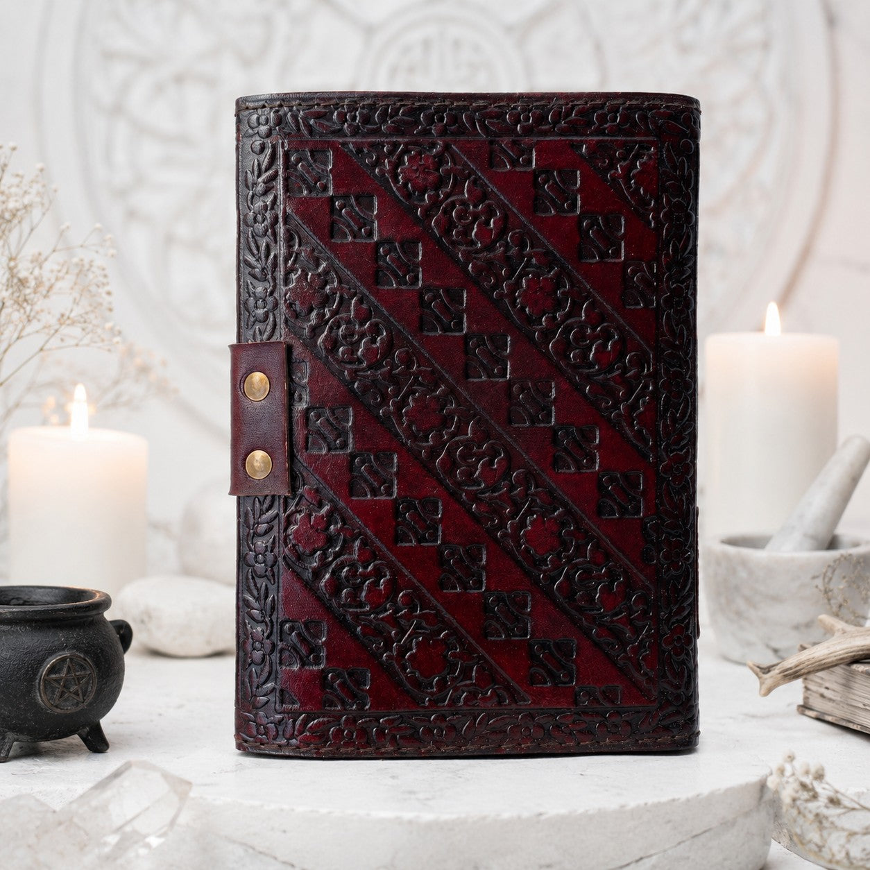 Celtic Stone Studded Leather Journal – Vintage Witch Grimoire with Lock – leather journal, open blank pages view
