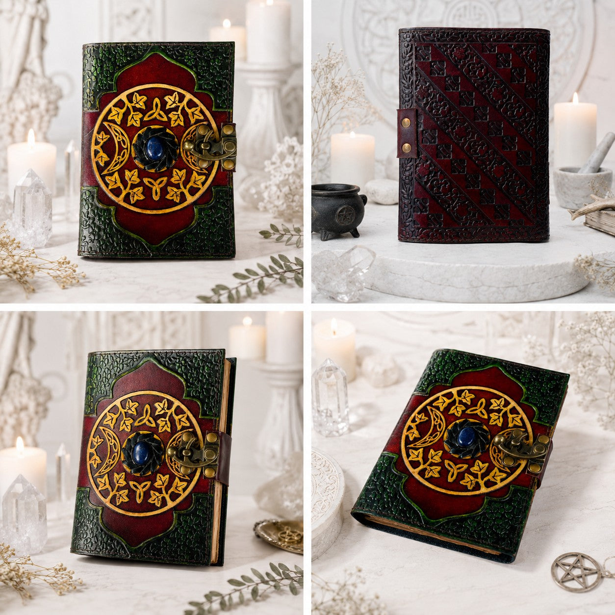 Celtic Stone Studded Leather Journal – Vintage Witch Grimoire with Lock – leather journal, close-up cover detail