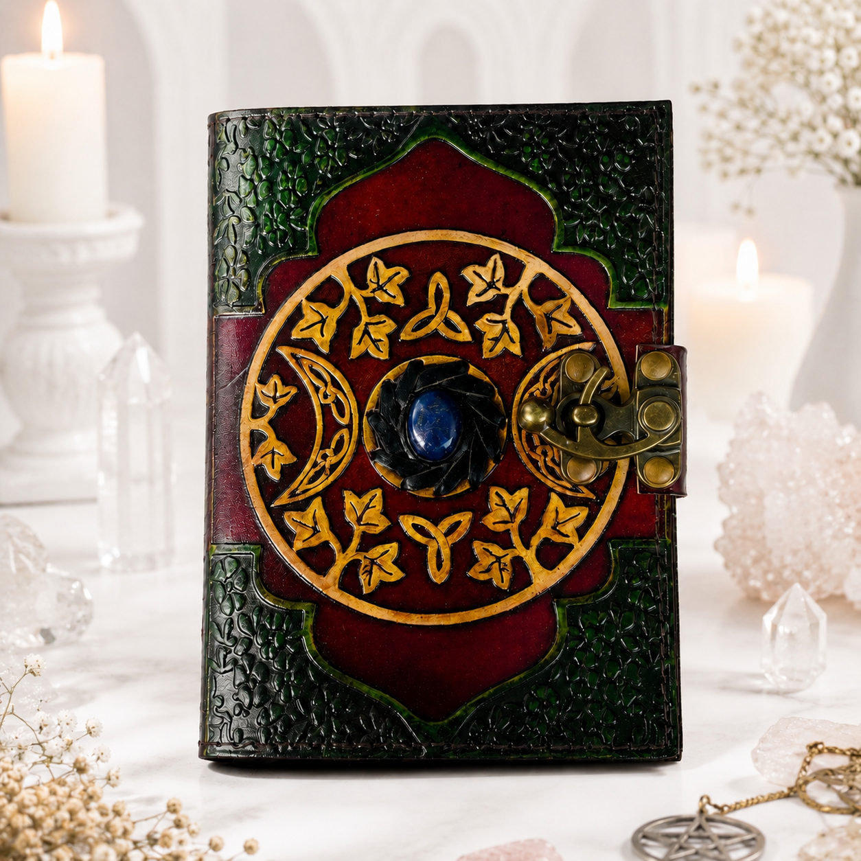 Celtic Stone Studded Leather Journal – Vintage Witch Grimoire with Lock – leather journal, size and scale view