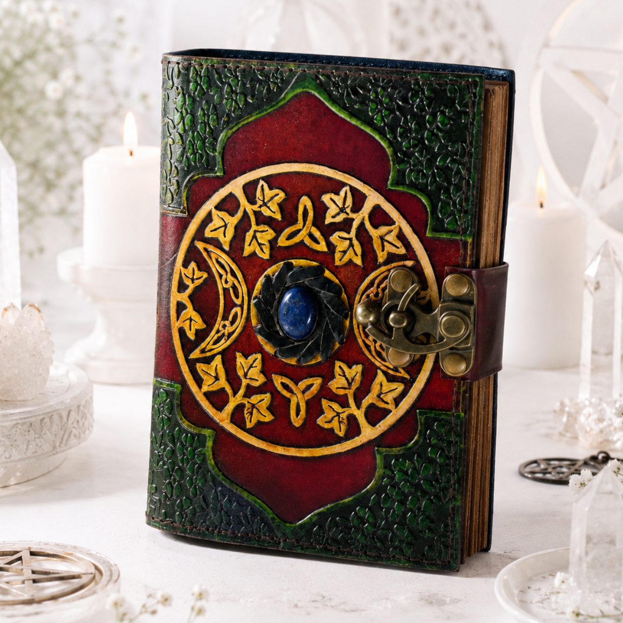 Celtic Stone Studded Leather Journal – Vintage Witch Grimoire with Lock – leather journal, front cover view