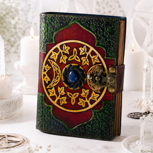 Celtic Stone Studded Leather Journal – Vintage Witch Grimoire with Lock – leather journal, front cover view