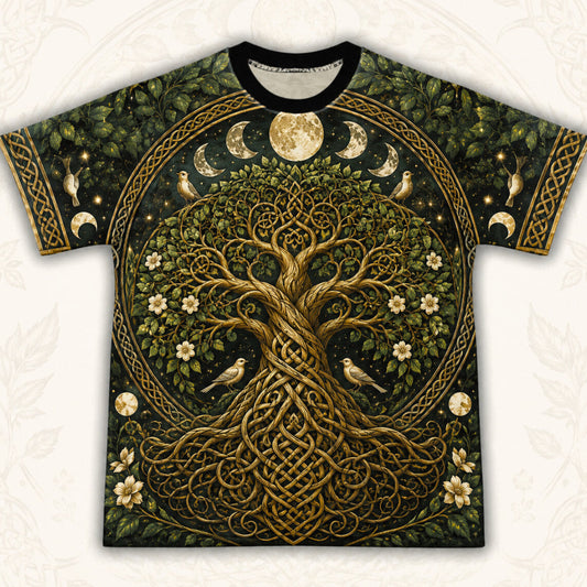 Celtic Tree Of Life T-Shirt Gold Knotwork Moon Phases Pagan Tee front view