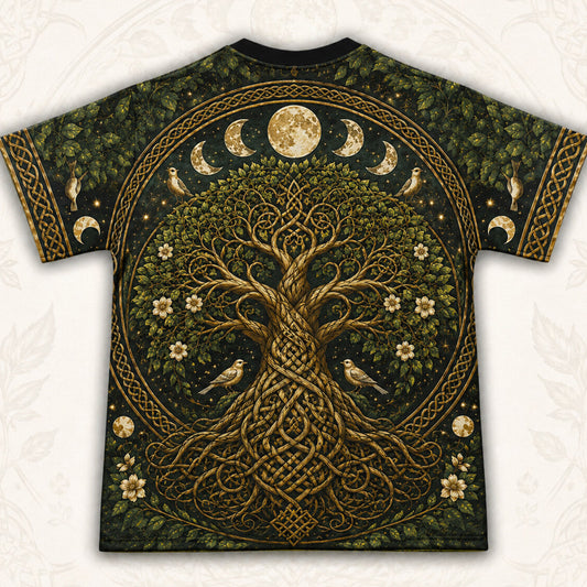 Celtic Tree Of Life T-Shirt Gold Knotwork Moon Phases Pagan Tee back view