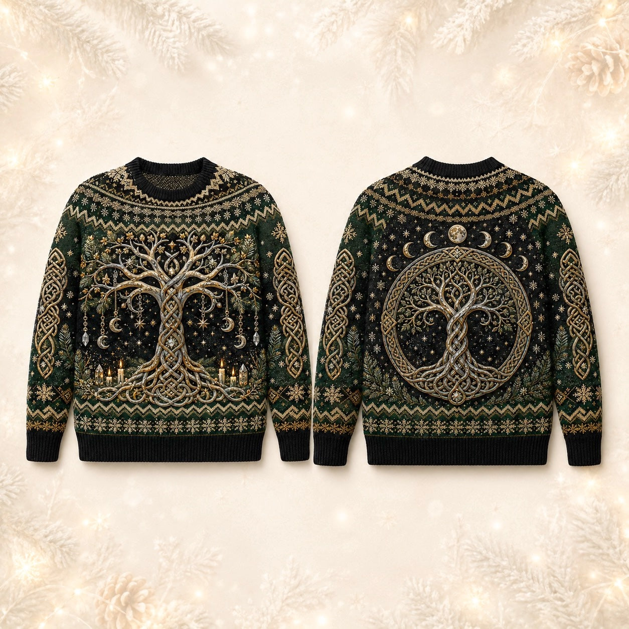 Celtic Tree Of Life Sweater Candle Knotwork Green Pagan Knit front and back together