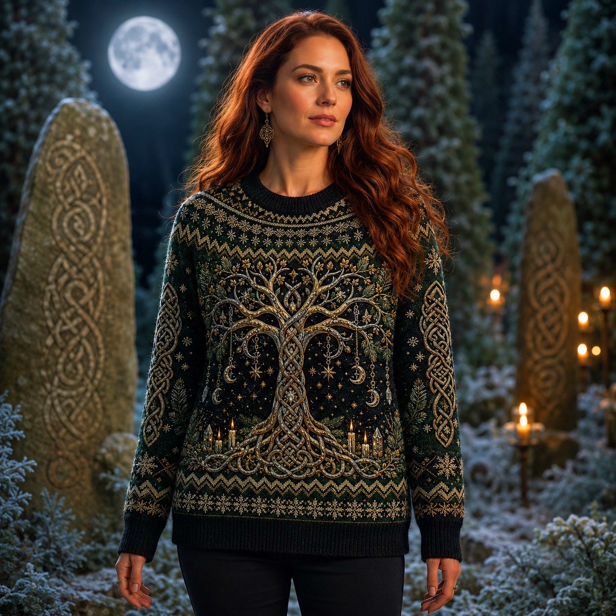Celtic Tree Of Life Sweater Candle Knotwork Green Pagan Knit worn, front view