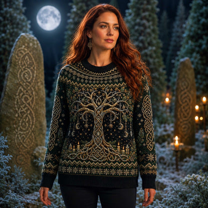 Celtic Tree Of Life Sweater Candle Knotwork Green Pagan Knit worn, front view