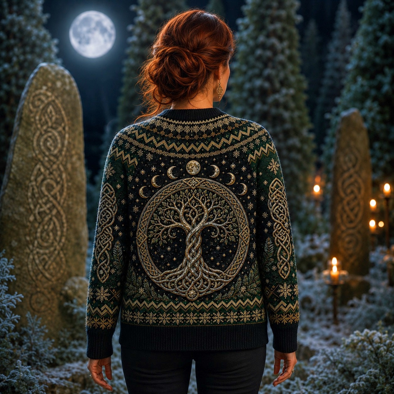 Celtic Tree Of Life Sweater Candle Knotwork Green Pagan Knit worn, back view
