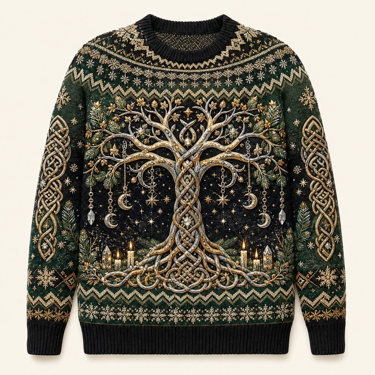 Celtic Tree Of Life Sweater Candle Knotwork Green Pagan Knit front view
