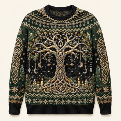 Celtic Tree Of Life Sweater Candle Knotwork Green Pagan Knit front view