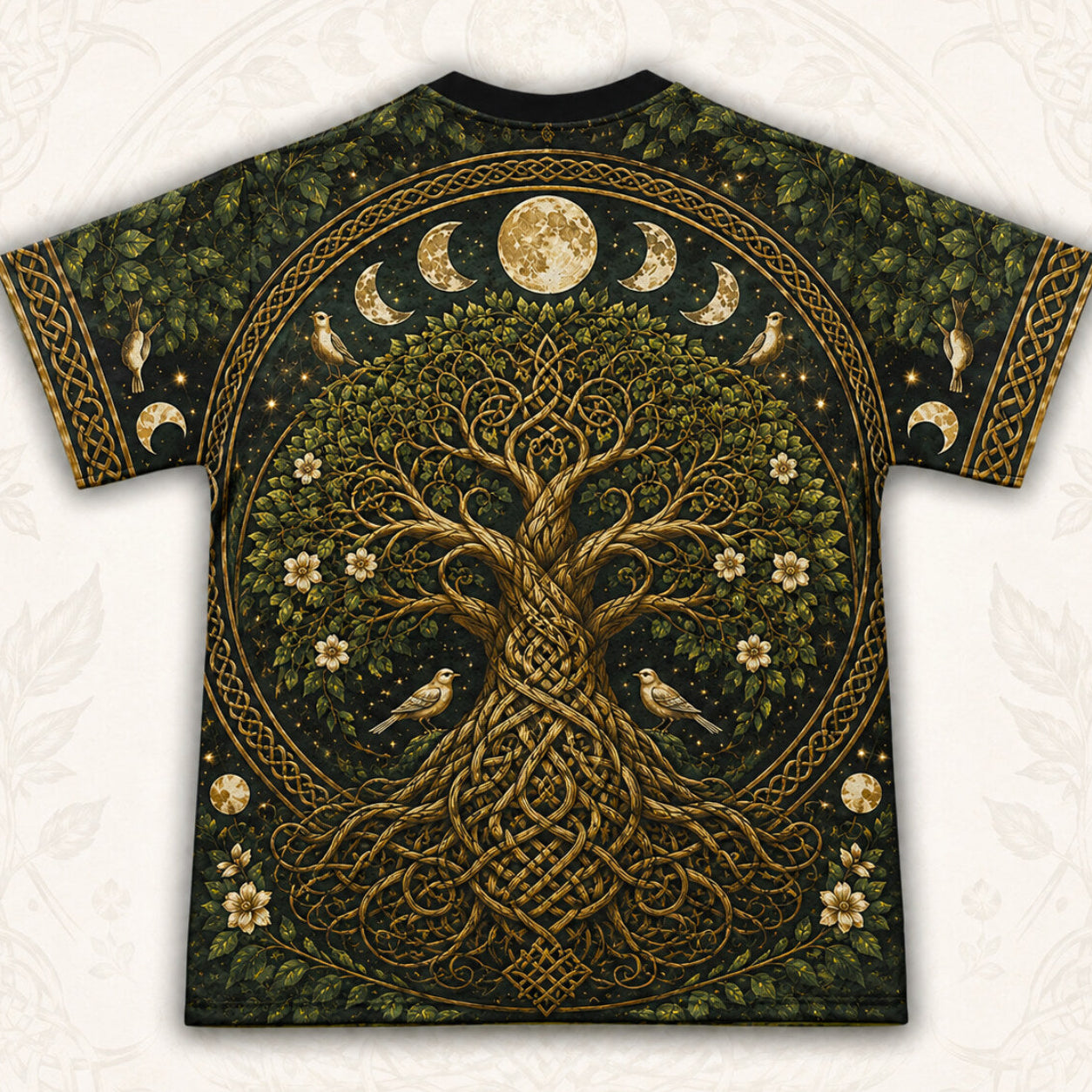 Celtic Tree Of Life T-Shirt Gold Knotwork Moon Phases Pagan Tee back view