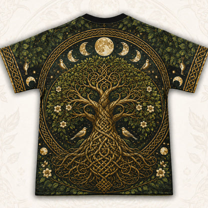 Celtic Tree Of Life T-Shirt Gold Knotwork Moon Phases Pagan Tee back view