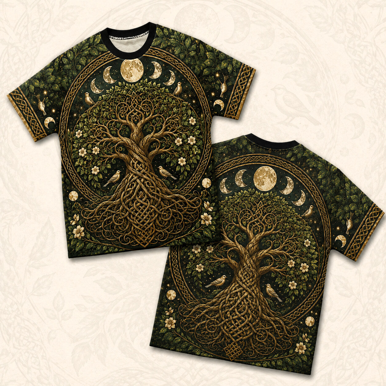 Celtic Tree Of Life T-Shirt Gold Knotwork Moon Phases Pagan Tee front and back together