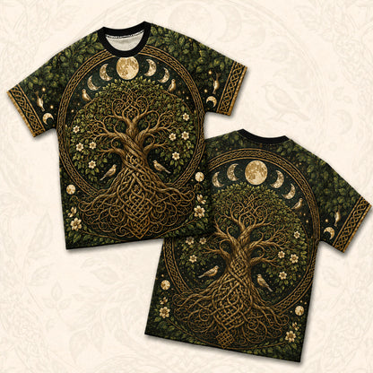 Celtic Tree Of Life T-Shirt Gold Knotwork Moon Phases Pagan Tee front and back together
