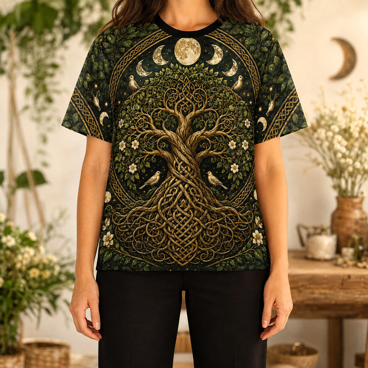 Celtic Tree Of Life T-Shirt Gold Knotwork Moon Phases Pagan Tee worn, front view