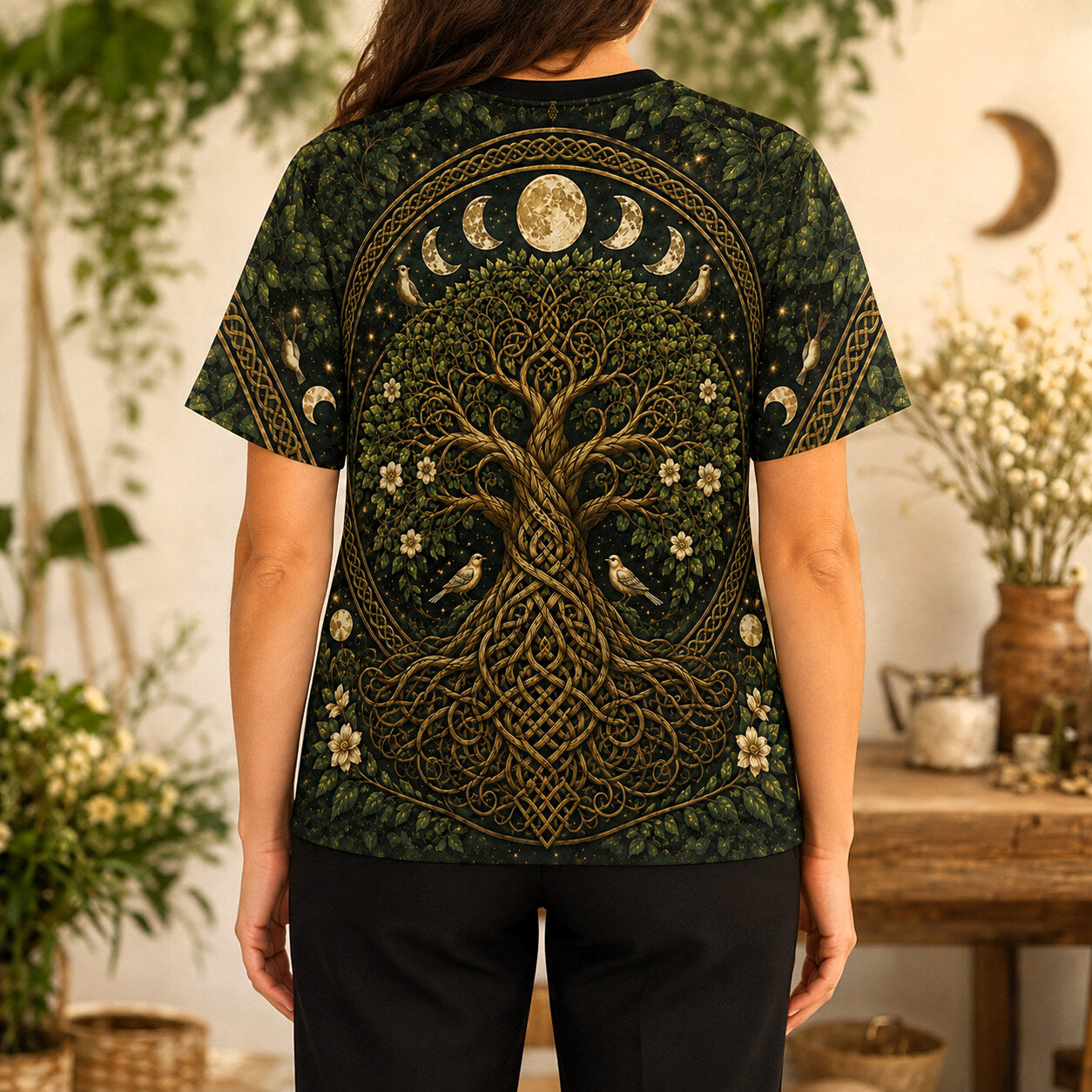 Celtic Tree Of Life T-Shirt Gold Knotwork Moon Phases Pagan Tee worn, back view