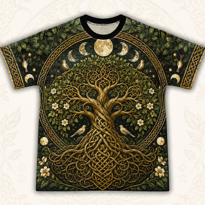 Celtic Tree Of Life T-Shirt Gold Knotwork Moon Phases Pagan Tee front view