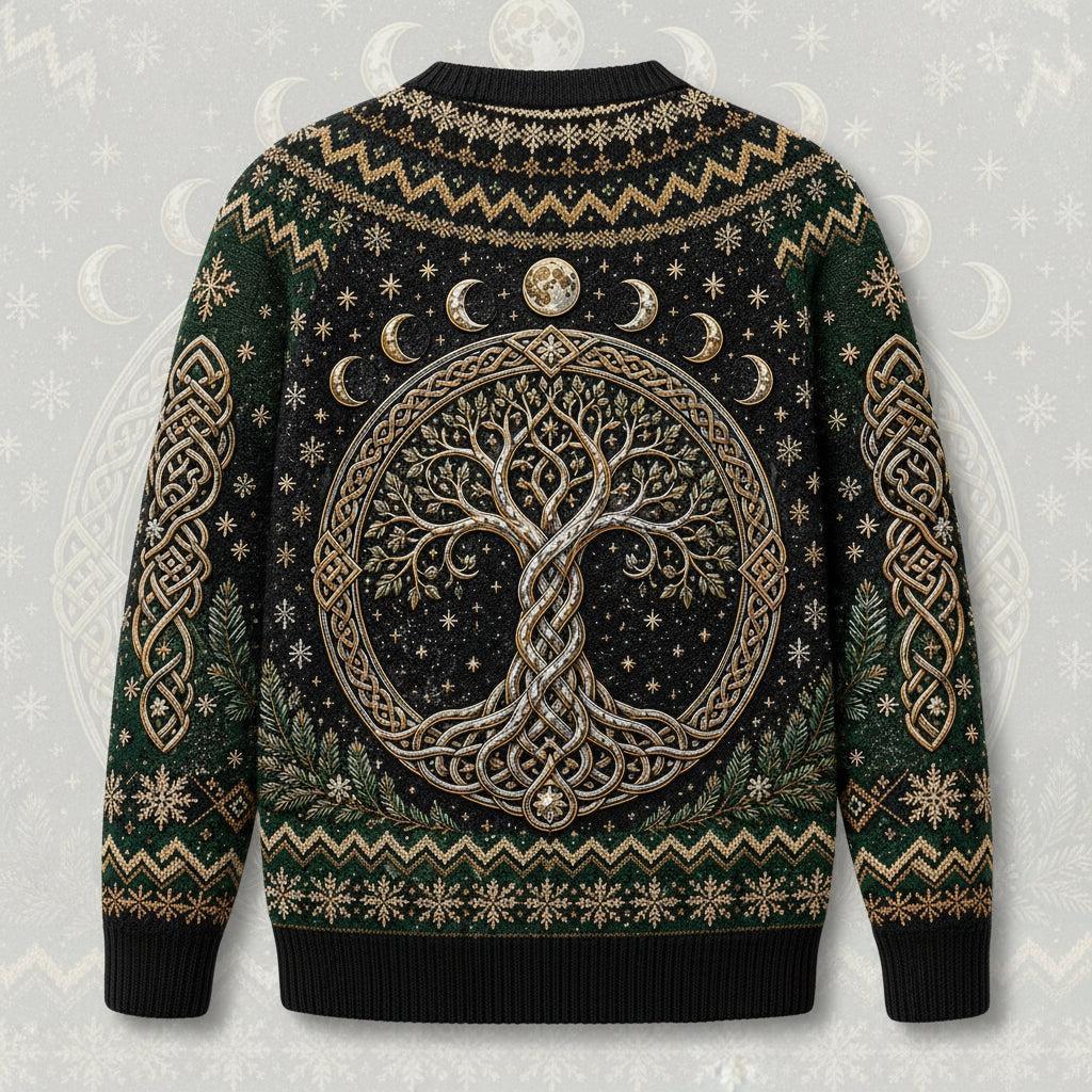 Celtic Tree Of Life Sweater Candle Knotwork Green Pagan Knit back view
