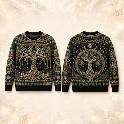 Celtic Tree Of Life Sweater Candle Knotwork Green Pagan Knit front and back together